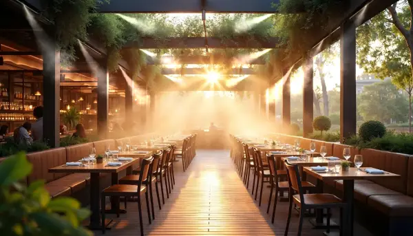 Commercial misting system cooling an outdoor restaurant patio