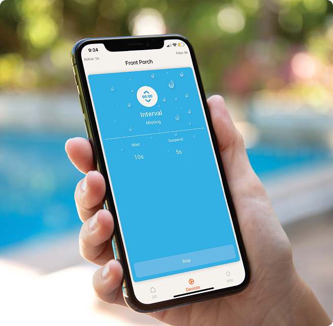 App controlled misting system cooling a poolside patio